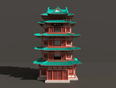 Traditional Chinese Five Story Pagoda With Green Roof Red Walls And Ornate Eaves 3d model