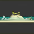 Cartoon Tropical Island Scene With Green Palm Trees Blue Water And Geometric Ice Pieces
