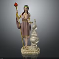 Man Statue Holding Red Torch With Ornate Headpiece Pink Robe And White Tower Base Hestia