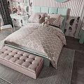 Kids Bed with Light Blue Headboard Soft Quilt Pillows Bench Side Table and Floral Wallpaper
