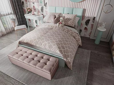 Kids Bed with Light Blue Headboard Soft Quilt Pillows Bench Side Table and Floral Wallpaper 3d model