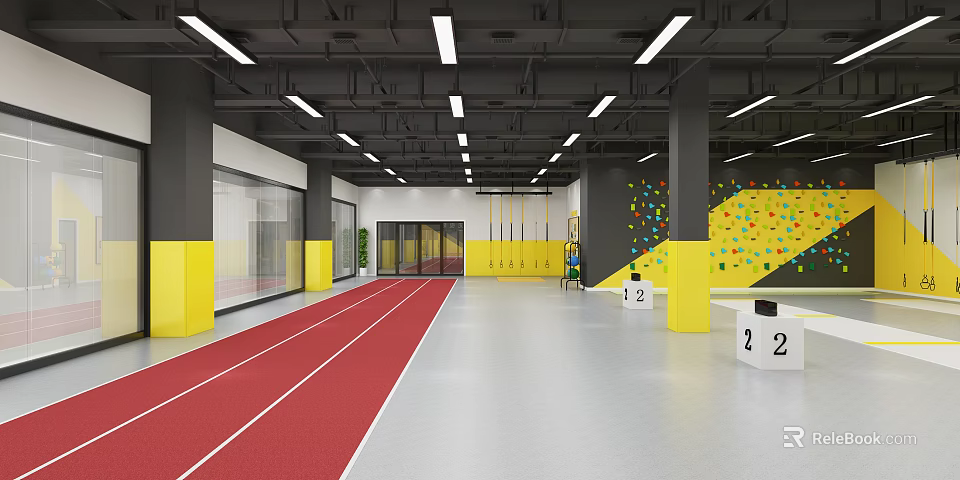 Indoor Sports Training Facility With Red Running Track Yellow Pillars And Colorful Climbing Wall 3d model 