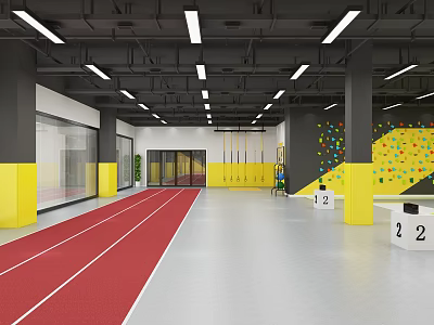 Indoor Sports Training Facility With Red Running Track Yellow Pillars And Colorful Climbing Wall 3d model