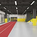Indoor Sports Training Facility With Red Running Track Yellow Pillars And Colorful Climbing Wall