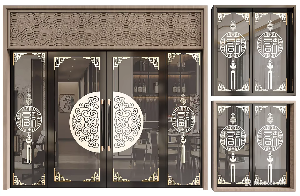 Elegant Chinese Style Double Doors With Glass Panels Circular Patterns And Fu Characters 3d model 