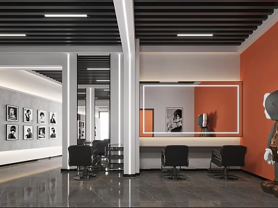 Modern Hair Salon Interior With Orange Wall Mirrors Black Chairs Pictures And Lighting 3d model