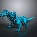 Three Headed Blue Dragon Spiked Fantasy Creature 3D Render With Red Eyes And Scaly Body