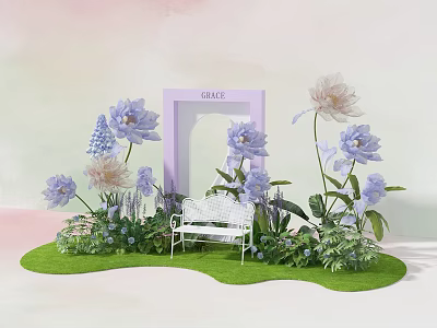Floral Installation Featuring Purple GRACE Arch White Bench Purple Pink Flowers Green Grass and Greenery 3d model