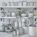 Stylish Kitchen Utensils Arranged On Shelves With Spoons Whisks Graters Teapots Jars And Bottles