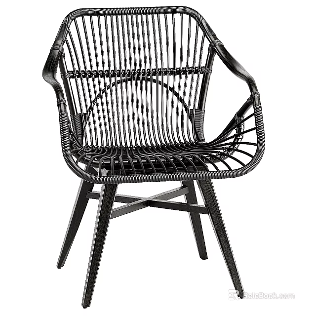 Modern Black Rattan Woven Leisure Chair With Curved Backrest Armrests And Wooden Legs 3d model 