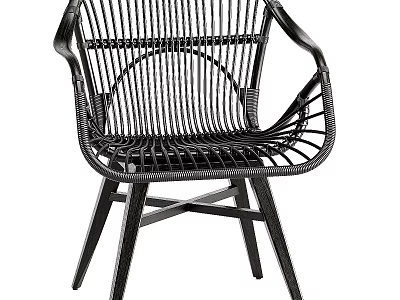 Modern Black Rattan Woven Leisure Chair With Curved Backrest Armrests And Wooden Legs 3d model