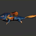 Vibrant Fantasy Fish Creature Featuring Blue Purple Body Orange Flame Tail And Saddle