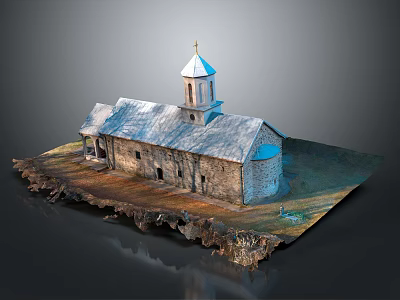 Church Building With White Spire Gray Roof Stone Walls And Circular Section Design 3d model