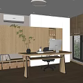 Modern Home Office Interior With Wooden Desk Computer Cabinets Blinds Potted Plant And Natural Light