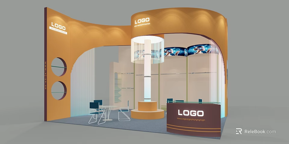 Modern Exhibition Reception Desk With Orange Brown Design Curved Booth LOGO Display Shelves 3d model 