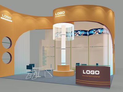 Modern Exhibition Reception Desk With Orange Brown Design Curved Booth LOGO Display Shelves 3d model