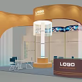 Modern Exhibition Reception Desk With Orange Brown Design Curved Booth LOGO Display Shelves
