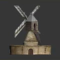 Detailed Wooden Windmill Building Model With Circular Base And Red Door Structure