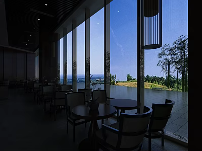 Spacious Banquet Hall With Large Windows Scenic Lake View And Wooden Tables Chairs 3d model