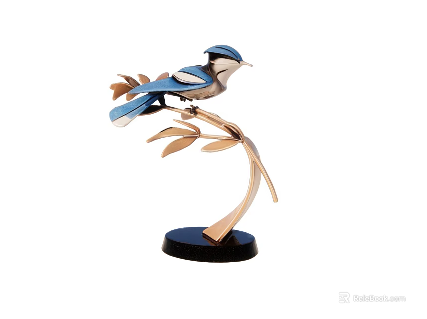 Blue And White Bird Figurine On Gold Branch With Black Base Decorative Ornament Set 3d model 