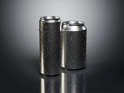 Two Silver Aluminum Cans With Water Drops On Black Reflective Surface 3d model