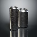 Two Silver Aluminum Cans With Water Drops On Black Reflective Surface 3d model