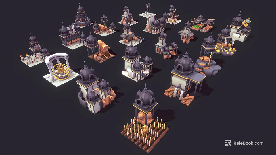 Cartoon Style 3D Building Models With Towers Domes Arches And Decorative Structures 3d model 