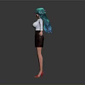 Woman Wearing White Shirt Brown Skirt Teal Long Hair Red High Heels Arms Outstretched