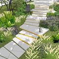 Garden Landscape With Stone Stepping Path Lush Greenery And Colorful Flower Beds