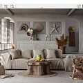 Rustic Living Room Interior With Shell Wall Art Woven Pendant Lights And Wicker Armchair