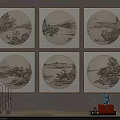Six Circular Framed Traditional Chinese Landscape Paintings For Home Wall Decor