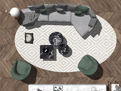 Modern Sofa Coffee Table Combination With Round Geometric Rug And Green Accent Chairs 3d model