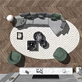 Modern Sofa Coffee Table Combination With Round Geometric Rug And Green Accent Chairs