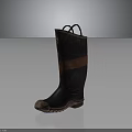 Tall Dark Colored Boots With Brown Stripe Worn Out Sole And Laces Design