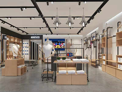 Modern Clothing Store Interior With Wooden Shelves Display Tables Mannequins And Pendant Lights 3d model