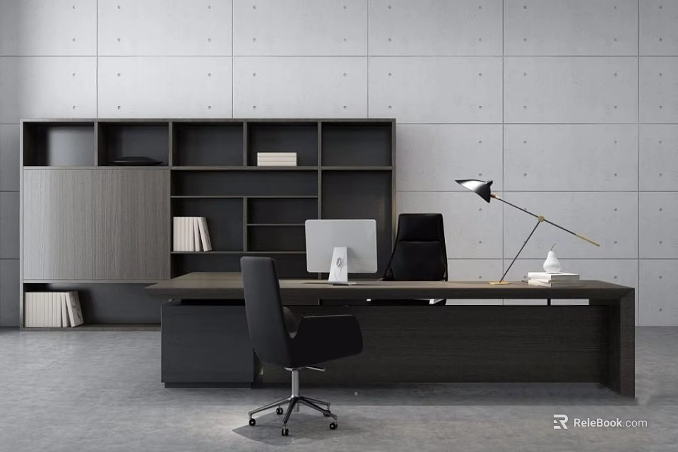 Modern Office Desk With Black Chair Computer Monitor Bookshelf Floor Lamp And Gray Wall 3d model 