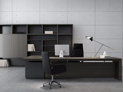 Modern Office Desk With Black Chair Computer Monitor Bookshelf Floor Lamp And Gray Wall 3d model