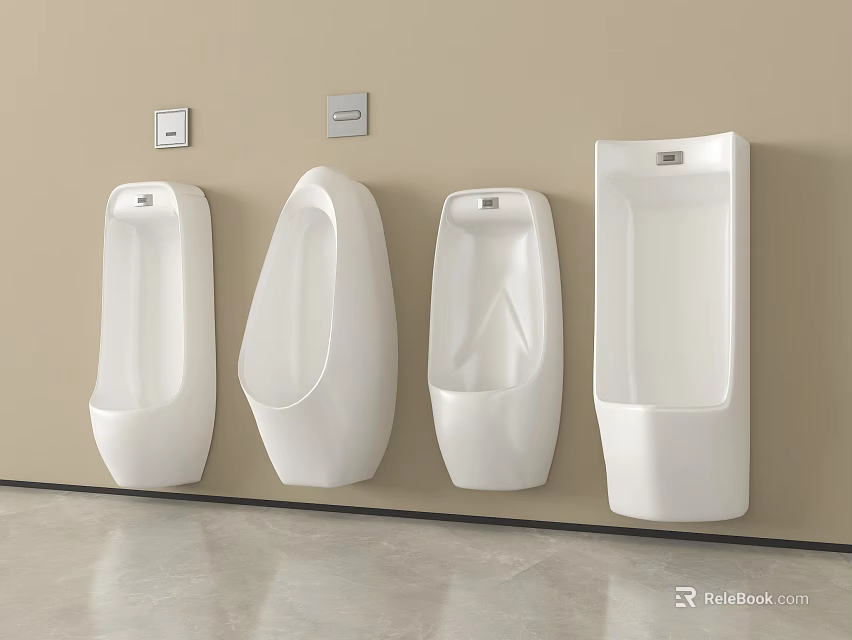 Modern White Wall Mounted Urinals With Sensor Flush In Public Restroom 3d model 