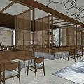 Modern Restaurant Open Space With Wooden Tables Chairs And Branch Texture Ceiling