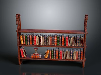 Wooden Carved Bookcase with Two Tier Shelves Filled with Colorful Books and Decorative Item 3d model