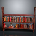Wooden Carved Bookcase with Two Tier Shelves Filled with Colorful Books and Decorative Item