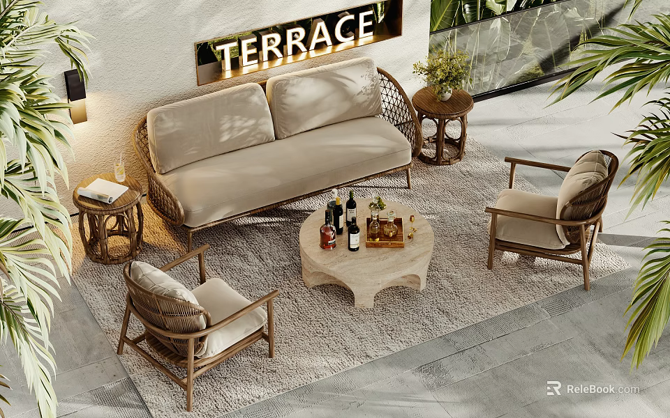 Outdoor Sofa On Terrace With Wicker Side Tables Plants Coffee Table Drinks And Rug 3d model 