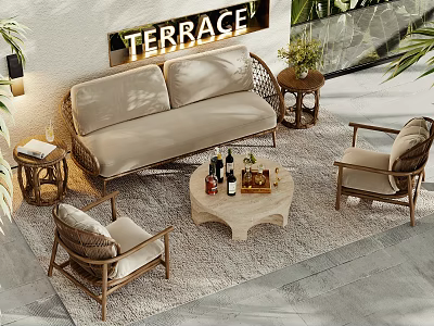 Outdoor Sofa On Terrace With Wicker Side Tables Plants Coffee Table Drinks And Rug 3d model