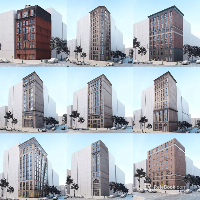 Urban Architectural Complex With Modern Multi Story Buildings Red Gray Facades And Street Trees 3d model 
