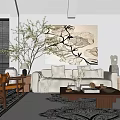 Modern Living Room With White Sofa Wooden Coffee Table Rug Green Plants And Decorative Painting