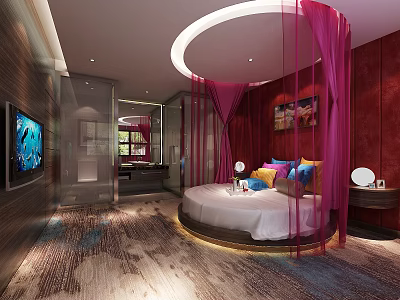 Elegant Hotel Room With Round Bed Pink Canopy Curtains Colorful Pillows Red Walls And TV 3d model