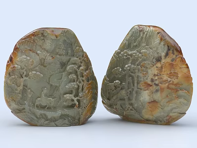 Intricate Stone Wood Carvings Featuring Mountain Landscape Pine Trees Figures And Deer 3d model