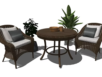 Outdoor Wicker Table and Chair Set with Gray White Cushions and Potted Plants 3d model