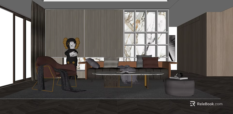 Modern Living Room Sofa And Coffee Table Set With Decorative Pillows And Large Windows 3d model 
