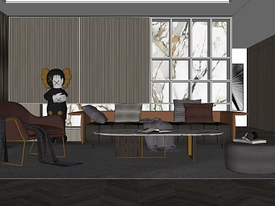 Modern Living Room Sofa And Coffee Table Set With Decorative Pillows And Large Windows 3d model